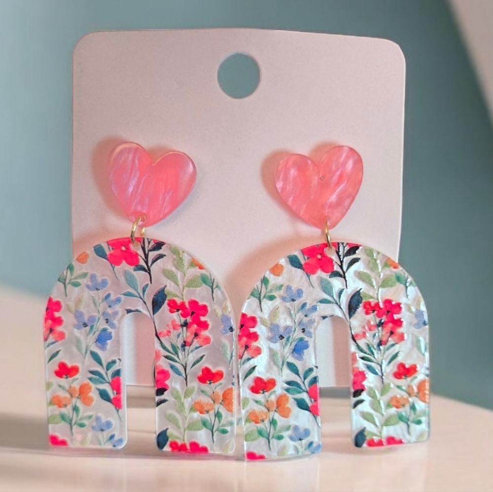 Pink Heart & Rainbow Shape Floral Acrylic Earrings #196